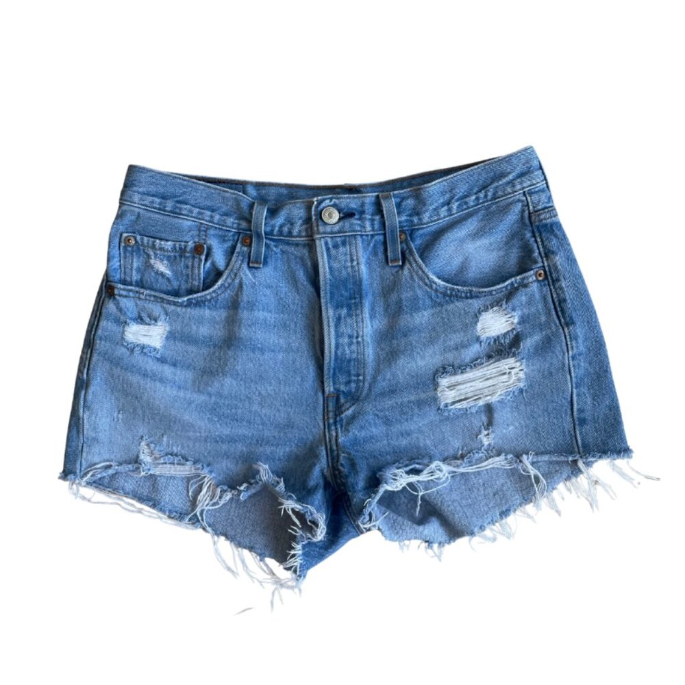levi 501s button fly distressed light wash denim shorts size 29